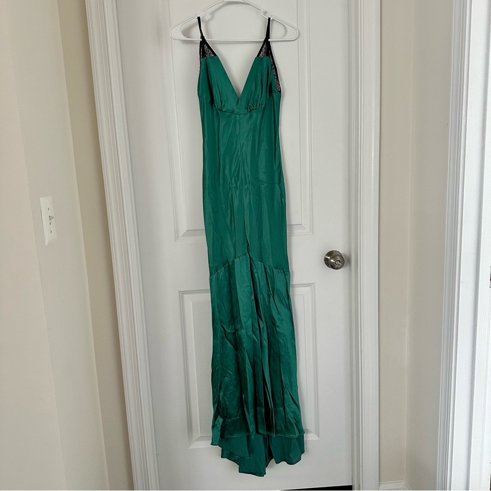 Green satin floor length dress